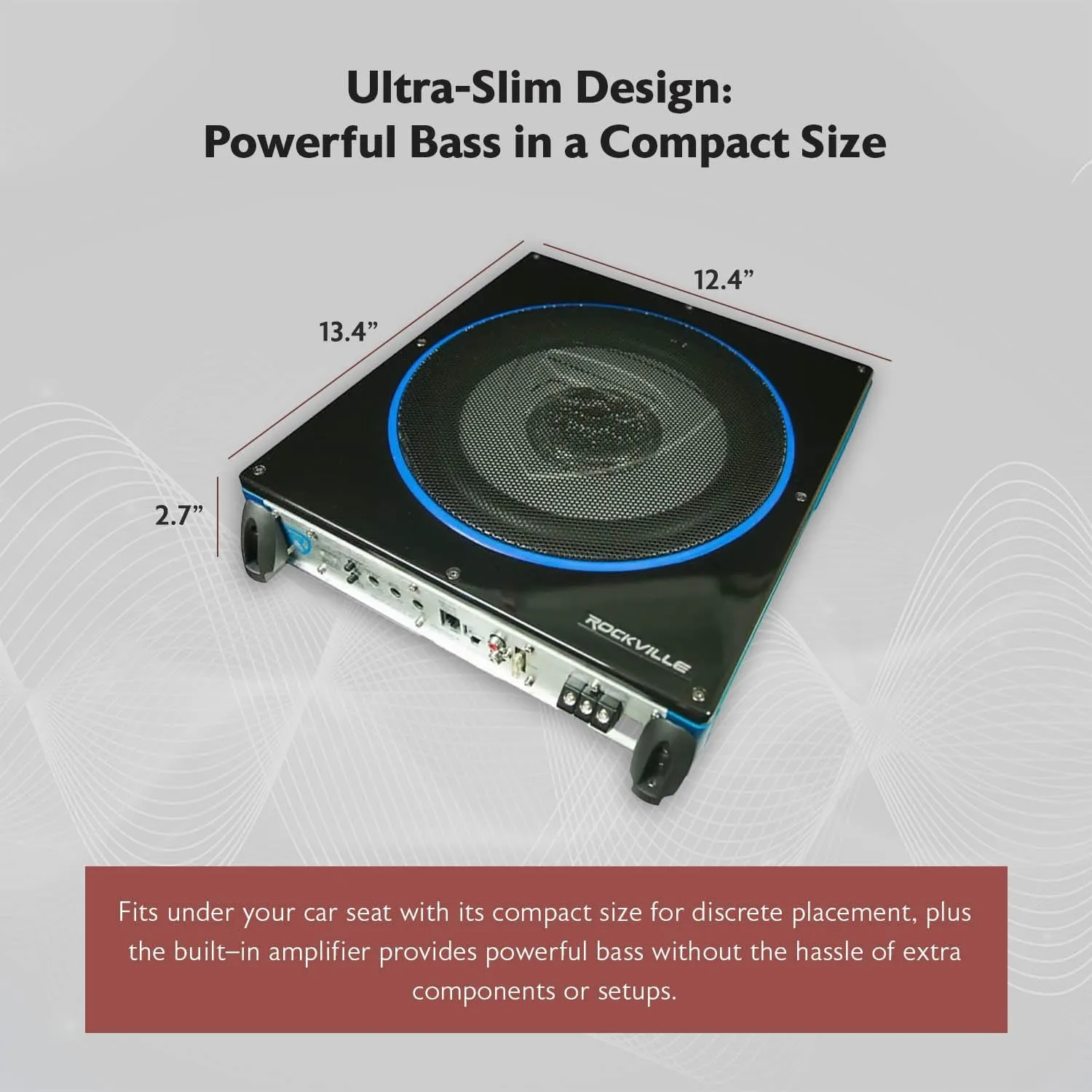 Rockville RW10CA 800W Peak Slim 10" Active Powered Car Subwoofer, Low Profile, Built-in Amp, Remote Bass Control, Perfect for Compact Car Audio Systems