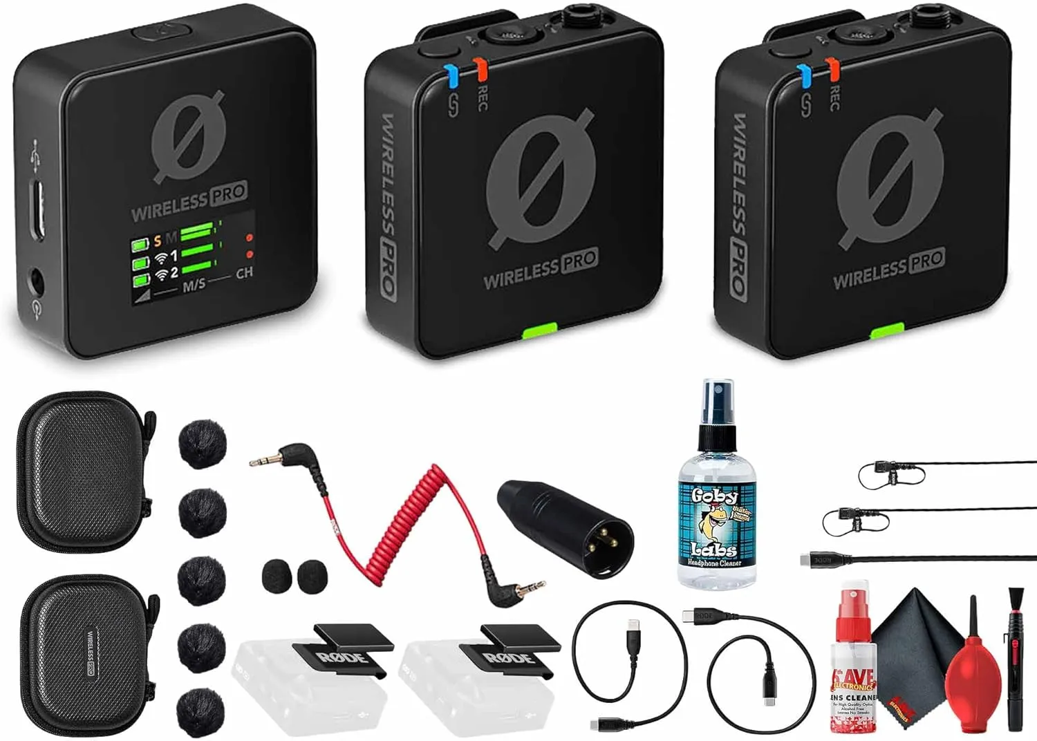 Rode Wireless PRO 2-Person Clip-On Wireless Microphone System/Recorder with Lavaliers (2.4 GHz) (WIPRO)   VXLR Adapter   Headphone Cleaner   Cleaning Kit