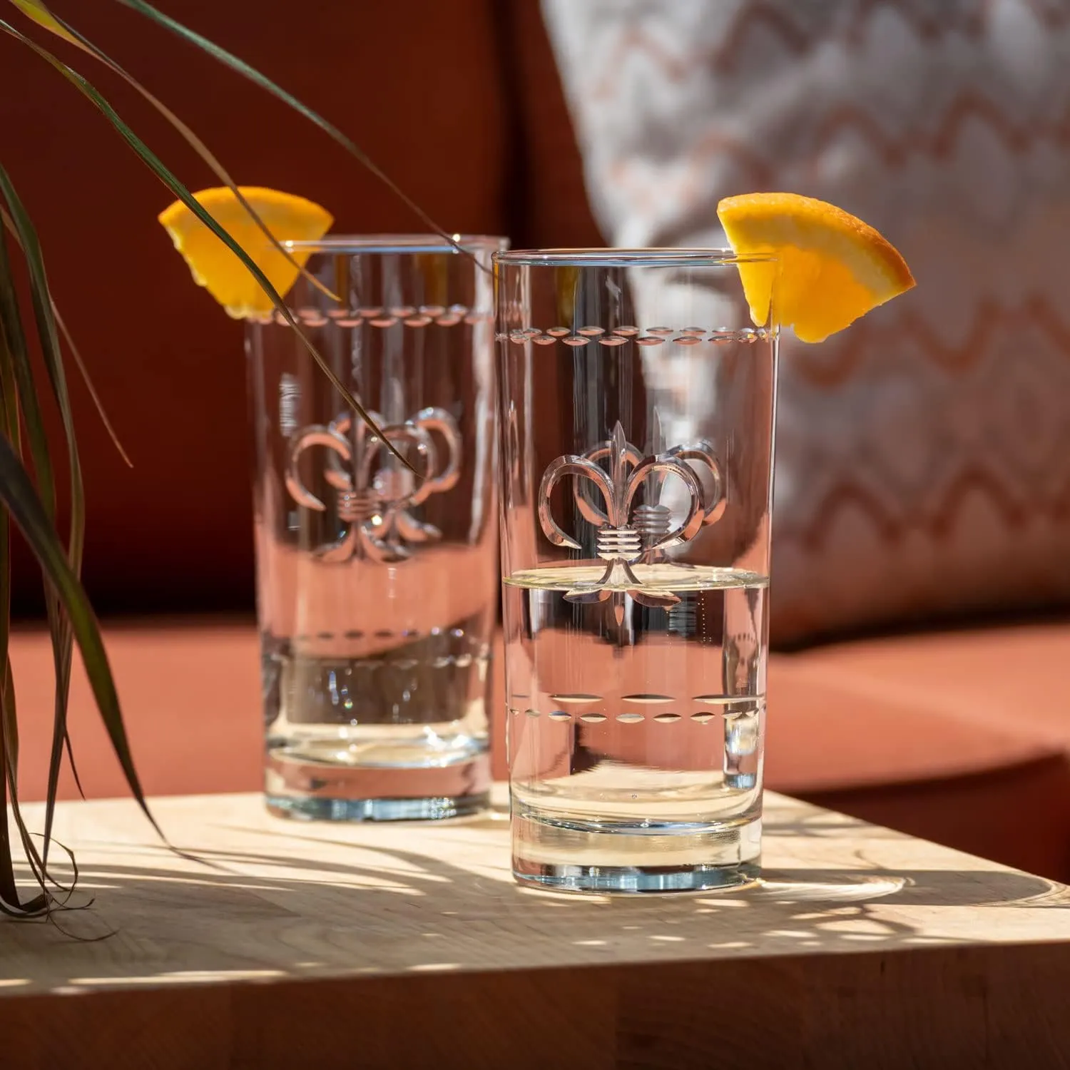 Rolf Glass Fleur De Lis Highball Glass 15 ounce - Set of 4 Cooler Glasses - Lead-Free Etched Drinking Glass with Heavy Base - Proudly Made in the USA