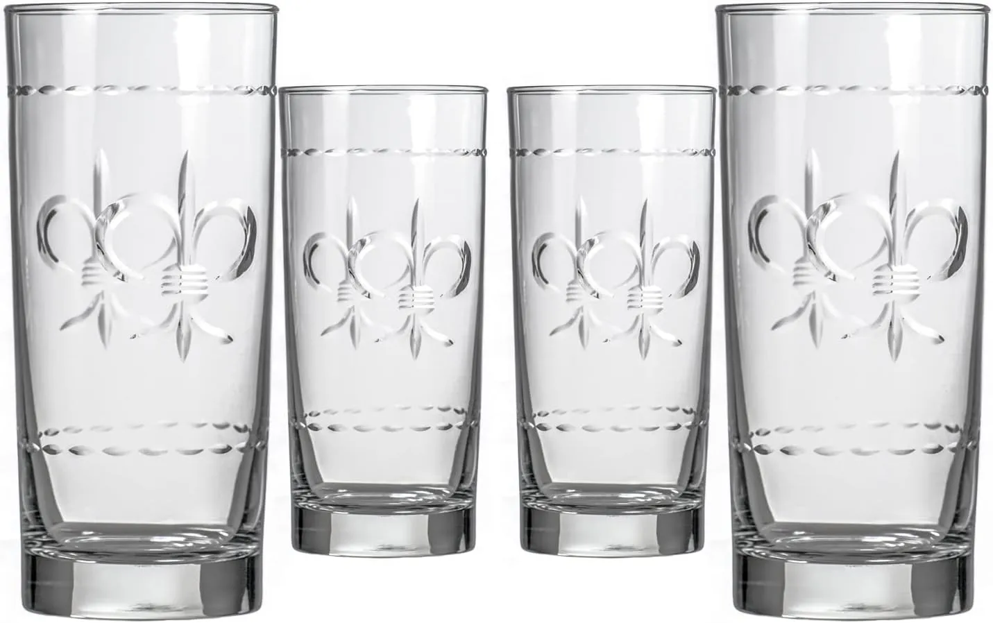 Rolf Glass Fleur De Lis Highball Glass 15 ounce - Set of 4 Cooler Glasses - Lead-Free Etched Drinking Glass with Heavy Base - Proudly Made in the USA