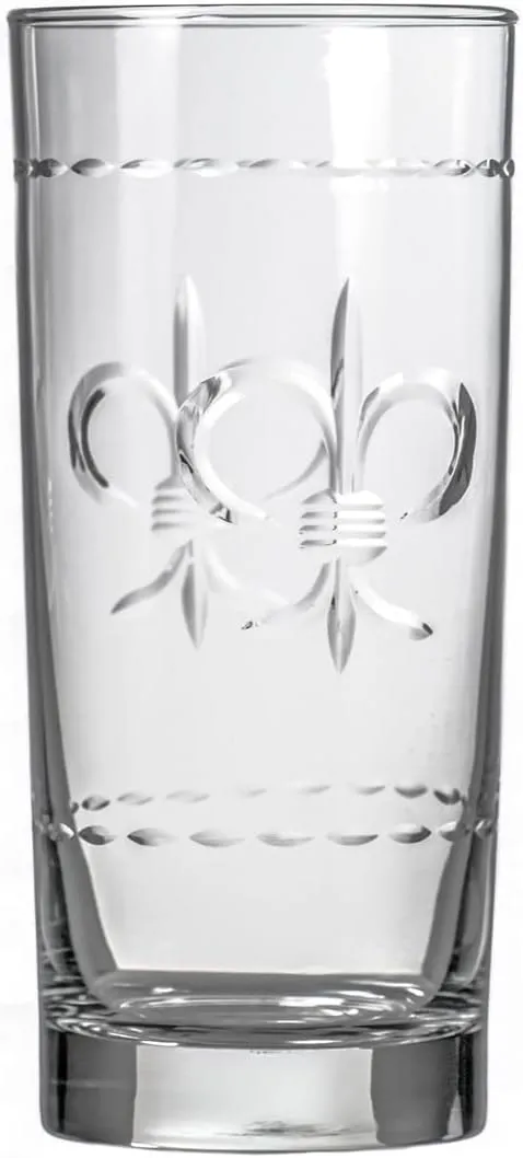 Rolf Glass Fleur De Lis Highball Glass 15 ounce - Set of 4 Cooler Glasses - Lead-Free Etched Drinking Glass with Heavy Base - Proudly Made in the USA