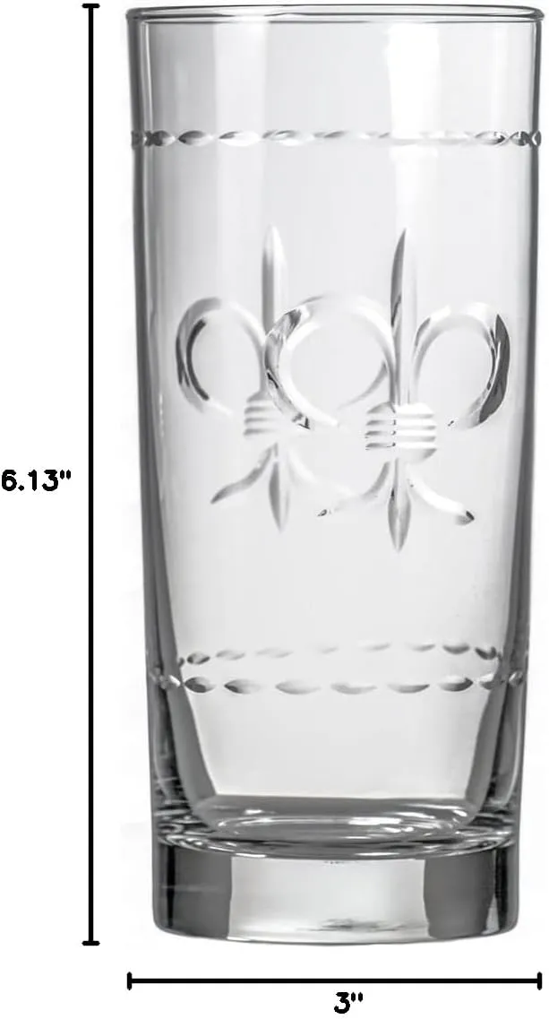 Rolf Glass Fleur De Lis Highball Glass 15 ounce - Set of 4 Cooler Glasses - Lead-Free Etched Drinking Glass with Heavy Base - Proudly Made in the USA