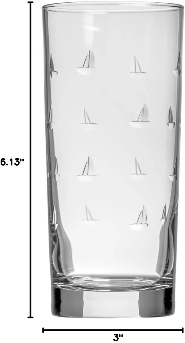 Rolf Glass Sailing Highball Glass 15 ounce | Set of 4 Cooler Glasses | Etched, Lead-Free Drinking Glass with Heavy Base | Made in the USA