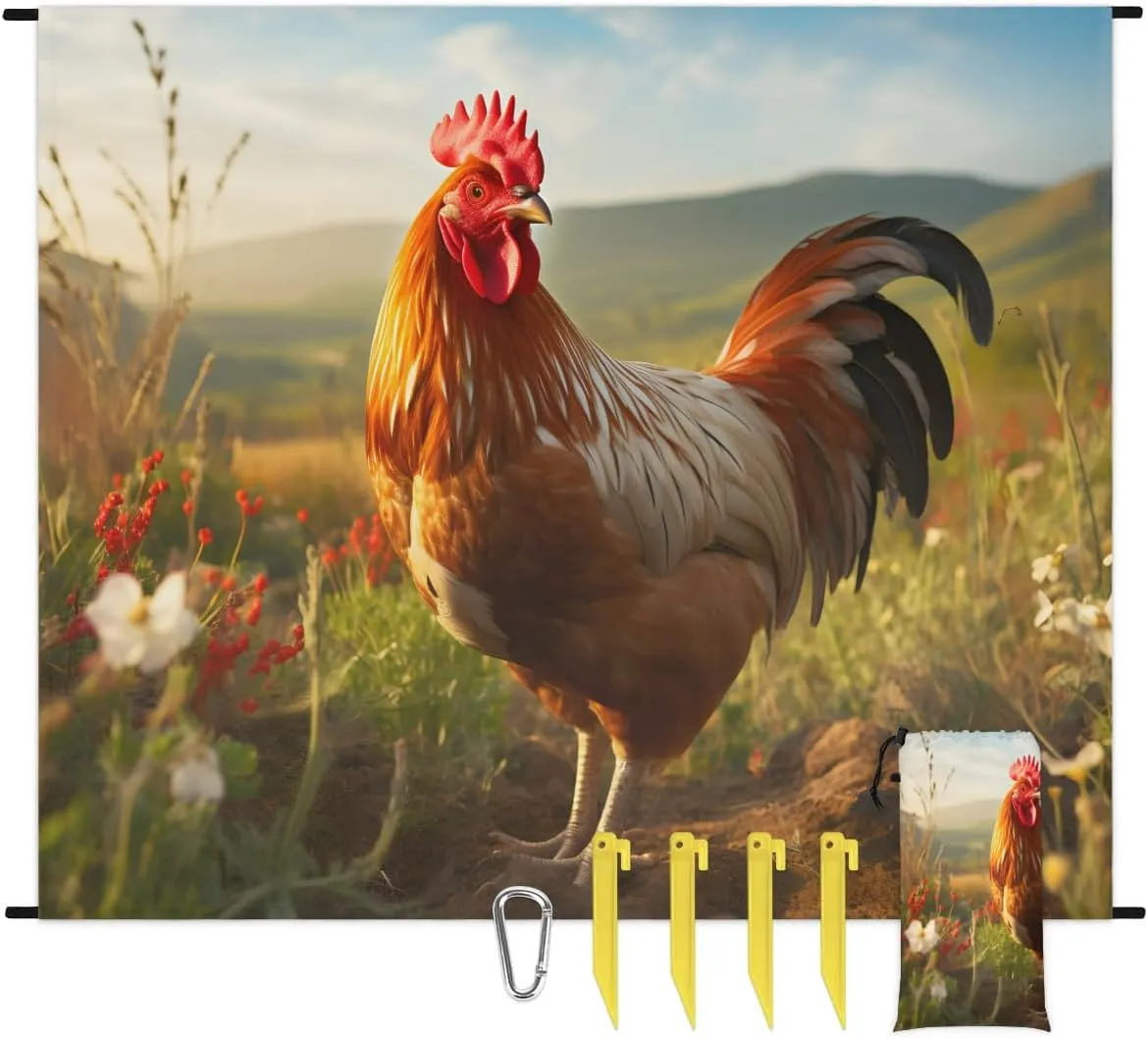 Rooster Farm Beach Blanket, Sandproof Beach Mat, 68 x 59 Waterproof Quick Drying Sand Free Mat with 4 x Ground Spikes for Outdoor Travel Camping Hiking, Animal