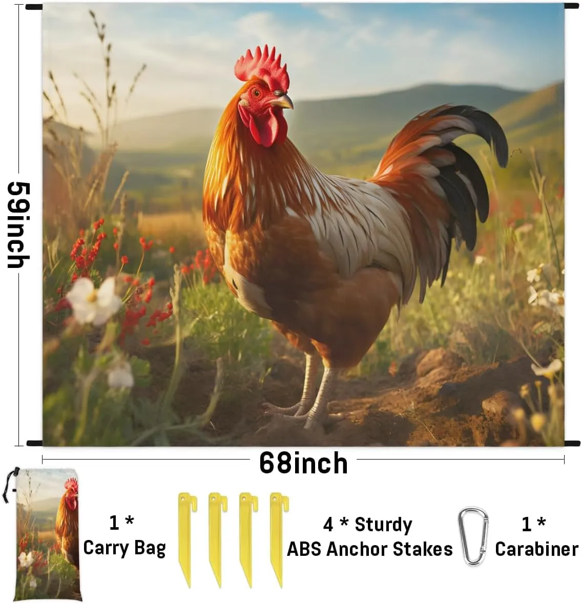 Rooster Farm Beach Blanket, Sandproof Beach Mat, 68 x 59 Waterproof Quick Drying Sand Free Mat with 4 x Ground Spikes for Outdoor Travel Camping Hiking, Animal