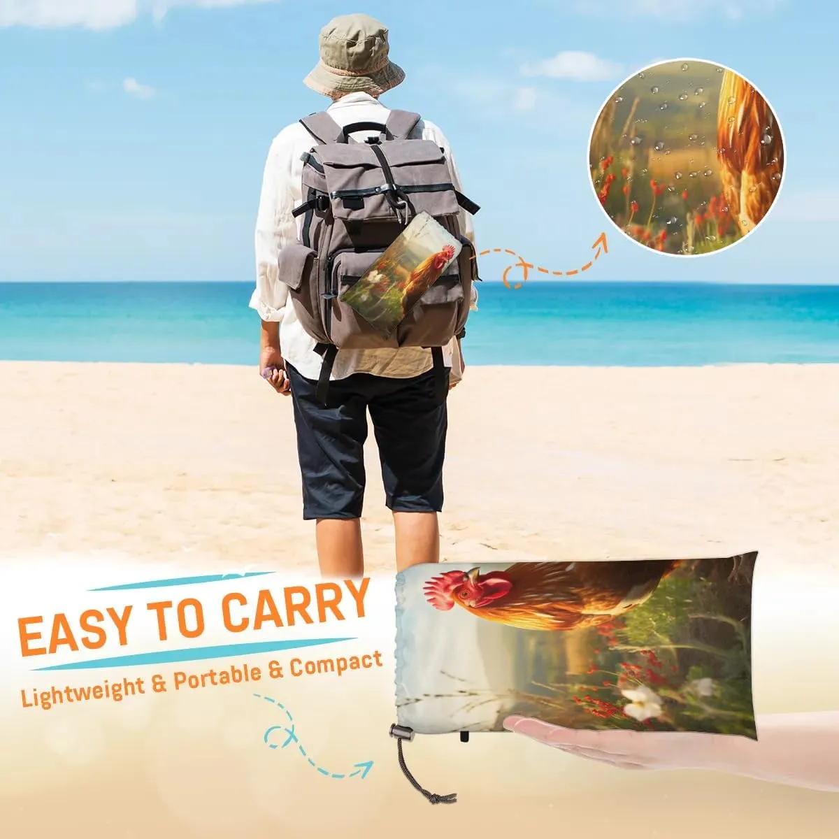 Rooster Farm Beach Blanket, Sandproof Beach Mat, 68 x 59 Waterproof Quick Drying Sand Free Mat with 4 x Ground Spikes for Outdoor Travel Camping Hiking, Animal