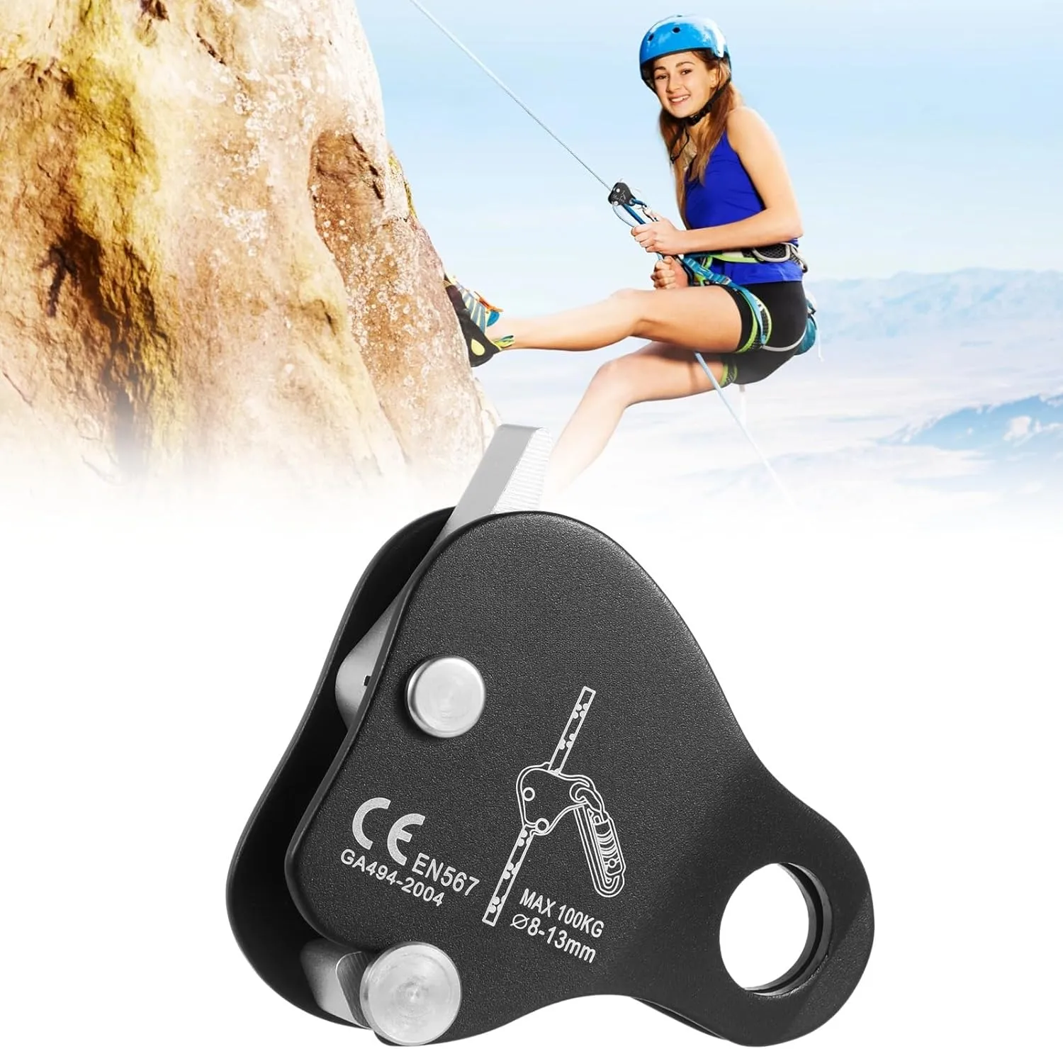 Rope High Strength Fall Belay Grip Protection Rappel Self-Locking Rock Climbing Clamp Device for Equipment Rope Climbing Ascender Mountaineering, Climbing