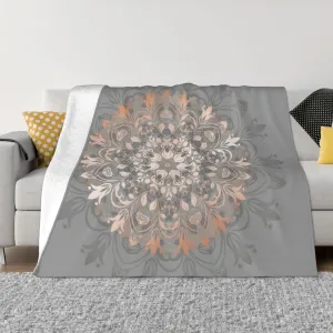 Rose Gold Gray Floral Mandala 60"X50" Flannel Blanket - 100% Soft Polyester, Lightweight and Warm, Suitable for Families, Camping, Travel