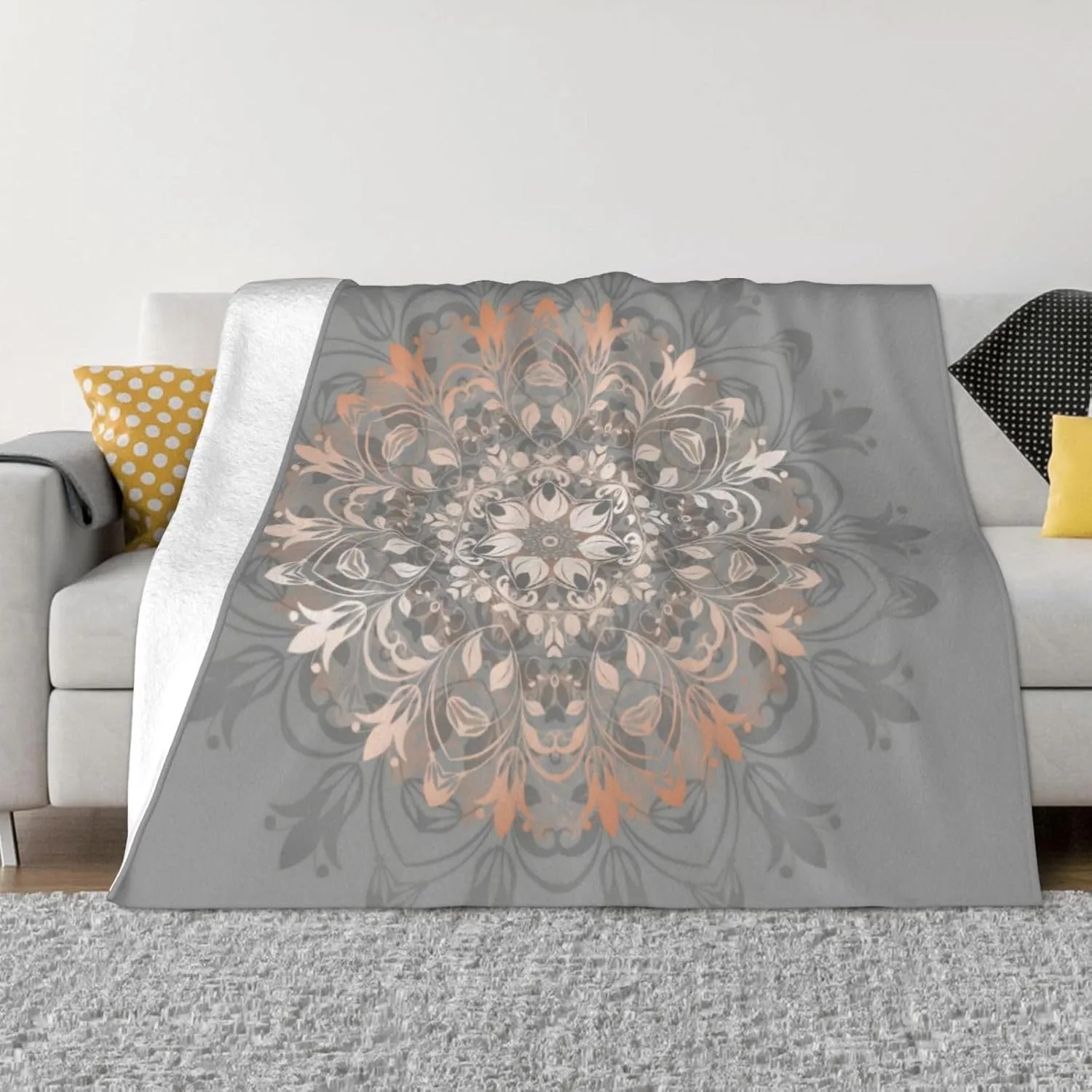 Rose Gold Gray Floral Mandala 60"X50" Flannel Blanket - 100% Soft Polyester, Lightweight and Warm, Suitable for Families, Camping, Travel