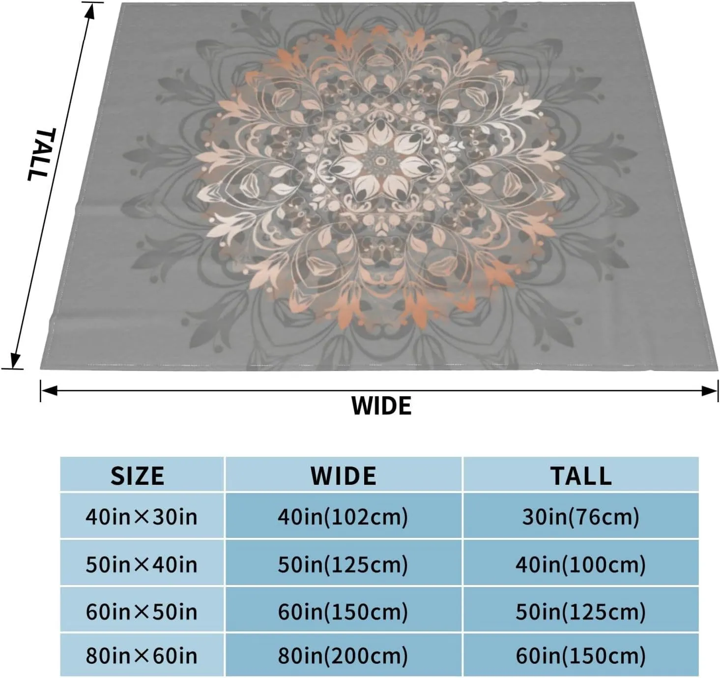 Rose Gold Gray Floral Mandala 60"X50" Flannel Blanket - 100% Soft Polyester, Lightweight and Warm, Suitable for Families, Camping, Travel