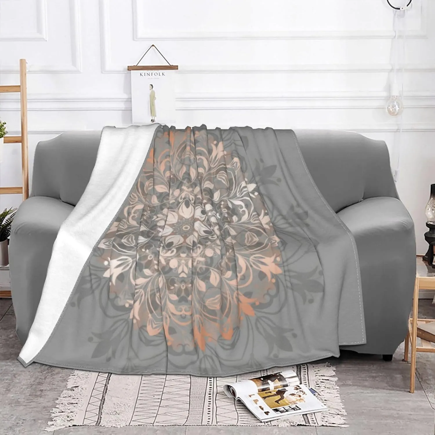 Rose Gold Gray Floral Mandala 60"X50" Flannel Blanket - 100% Soft Polyester, Lightweight and Warm, Suitable for Families, Camping, Travel