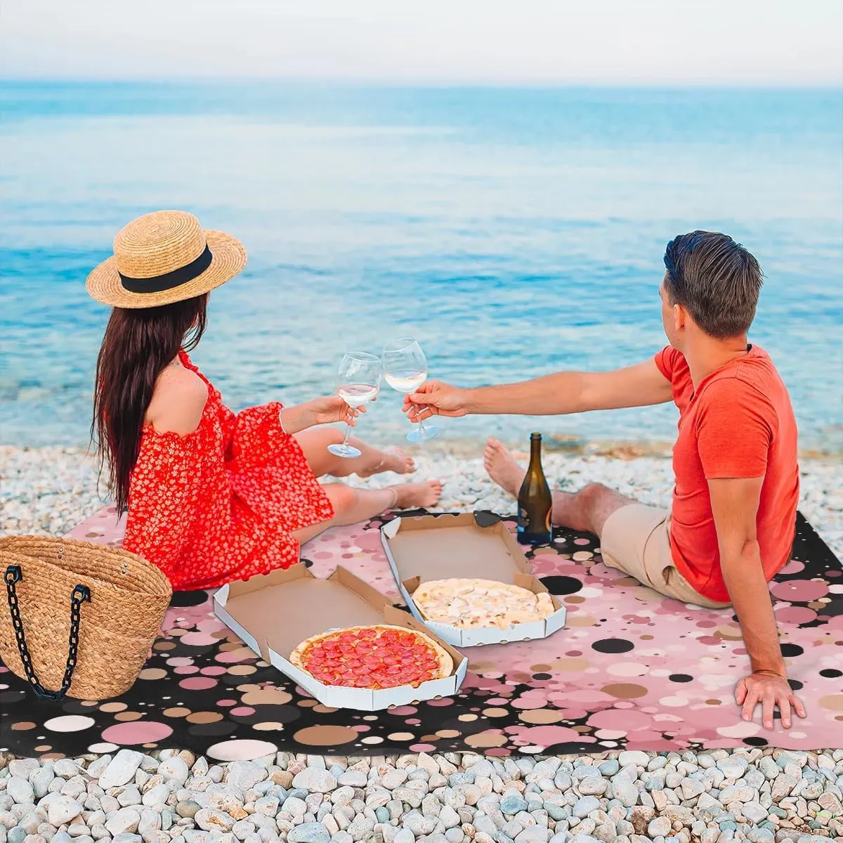 Round Sequins Beach Blanket, Sandproof Beach Mat, 68 x 59 Waterproof Quick Drying Sand Free Mat with 4 x Ground Spikes for Outdoor Travel Camping Hiking, Color Dots