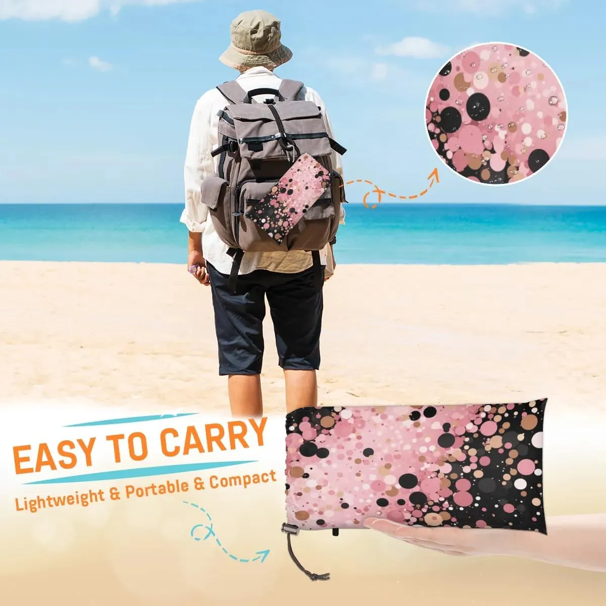Round Sequins Beach Blanket, Sandproof Beach Mat, 68 x 59 Waterproof Quick Drying Sand Free Mat with 4 x Ground Spikes for Outdoor Travel Camping Hiking, Color Dots