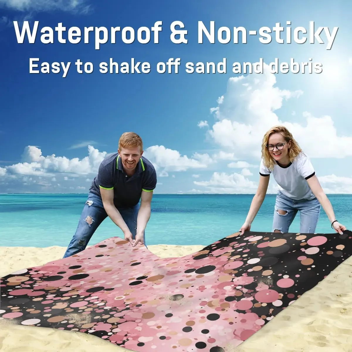 Round Sequins Beach Blanket, Sandproof Beach Mat, 68 x 59 Waterproof Quick Drying Sand Free Mat with 4 x Ground Spikes for Outdoor Travel Camping Hiking, Color Dots