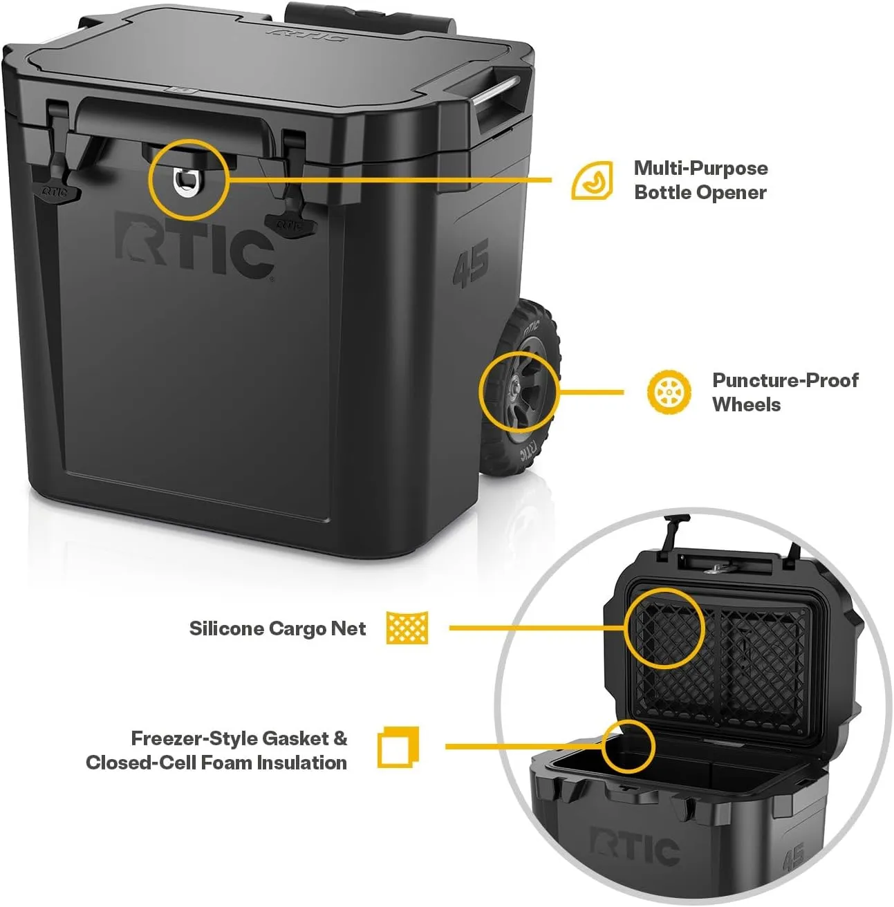 RTIC 45 QT Wheeled Ultra-Tough Cooler Hard Insulated Portable Ice Chest Box for Beach, Drink, Beverage, Camping, Picnic, Fishing, Boat, Barbecue, Rotomolded Construction