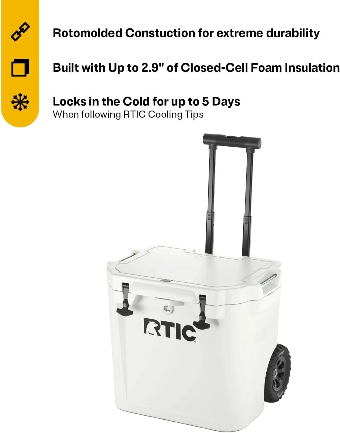 RTIC 45 QT Wheeled Ultra-Tough Cooler Hard Insulated Portable Ice Chest Box for Beach, Drink, Beverage, Camping, Picnic, Fishing, Boat, Barbecue, Rotomolded Construction