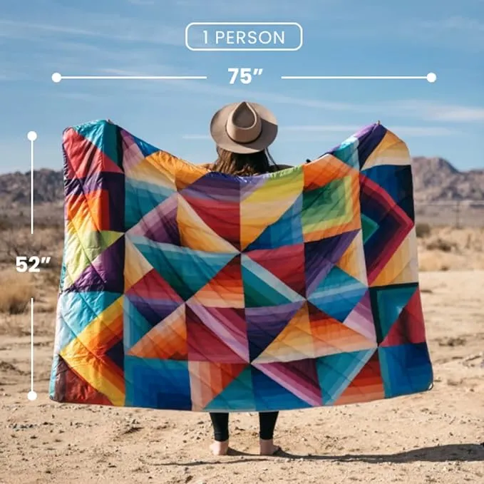 Rumpl Original Puffy Blanket - Warm Puffy Camping Blanket, 100% Recycled Polyester Insulation, Lightweight, Packable, Water-Resistant, Outdoor Puffer Blanket, 52"x75", Dawn Pixel Fade