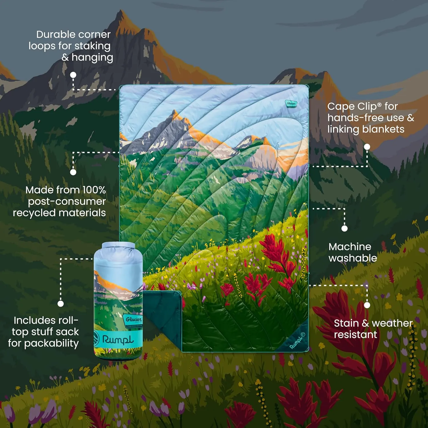 Rumpl Original Puffy Glacier National Park Blanket for Camping and Outdoors, V2, Glacier