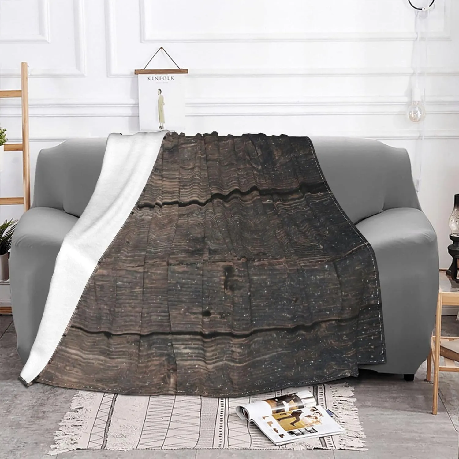 Rustic Country Dark Brown Distressed Wood Light 60"X50" Flannel Blanket - 100% Soft Polyester, Lightweight and Warm, Suitable for Families, Camping, Travel