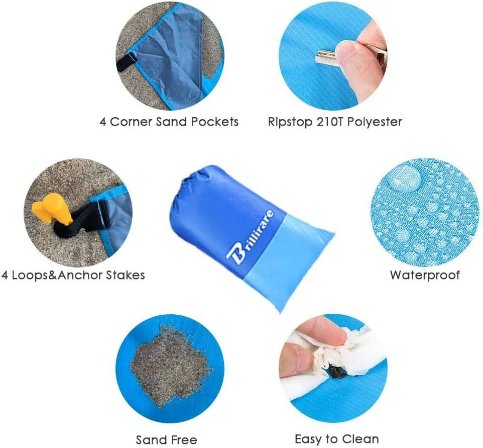Sandfree Beach Blanket, Oversized Waterproof Sandproof Picnic Blanket, Quick Drying Lightweight Family Mat with 4 Stakes&4 Corner Pockets for Outdoor Travel, Camping, Hiking, Music Festival