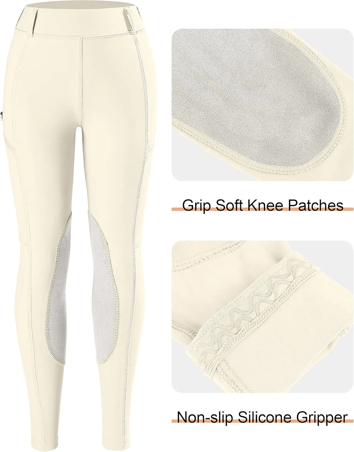 SANTINY Girls Horse Riding Pants with Zipper Pockets Kids Stretchy Equestrian Breeches Knee-Patch Youth Schooling Tights