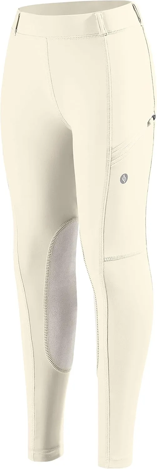 SANTINY Girls Horse Riding Pants with Zipper Pockets Kids Stretchy Equestrian Breeches Knee-Patch Youth Schooling Tights