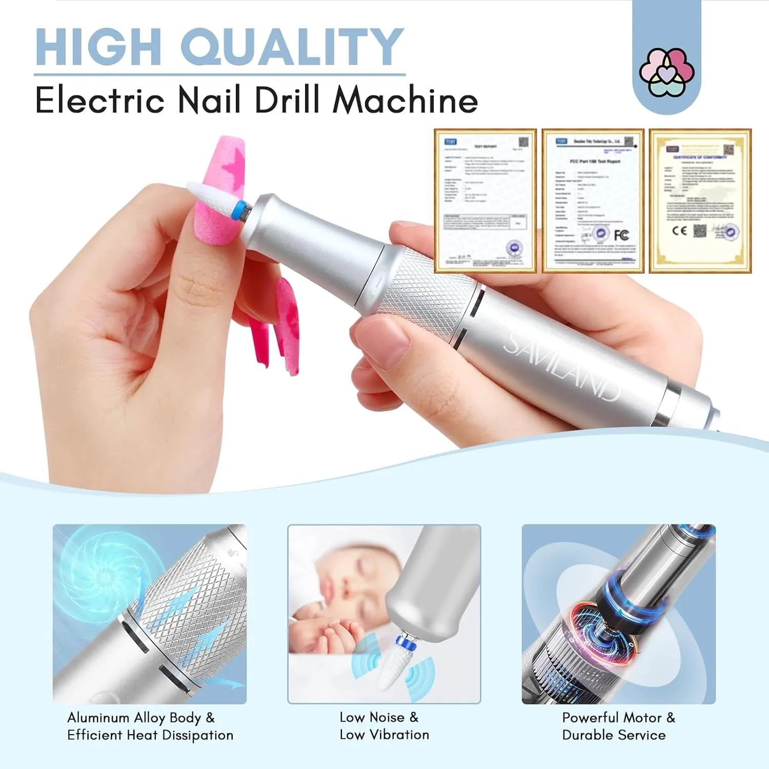 SAVILAND Electric Nail Drill Machine: 40000 RPM Upgrad Professional Nail File for Acrylic Nails with Ceramic Corn Head Nail Bits for Nails Manicure Tools & Pedicure Kit Home DIY