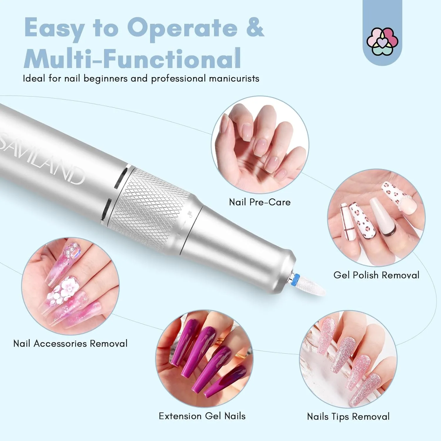 SAVILAND Electric Nail Drill Machine: 40000 RPM Upgrad Professional Nail File for Acrylic Nails with Ceramic Corn Head Nail Bits for Nails Manicure Tools & Pedicure Kit Home DIY