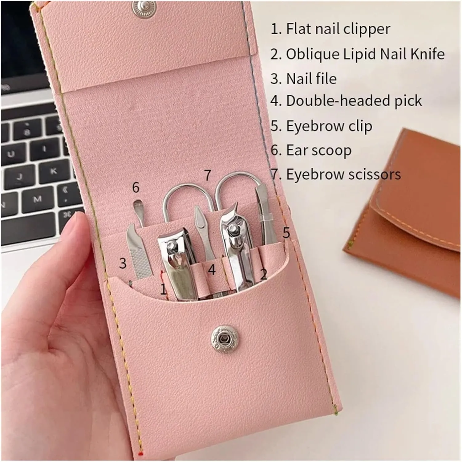 SBTRKT Portable Nail Trimming Set Beauty and Nail Enhancement Tools 7-Piece Set Household Stainless Steel Bracket Filing Tool (Color : Pink)