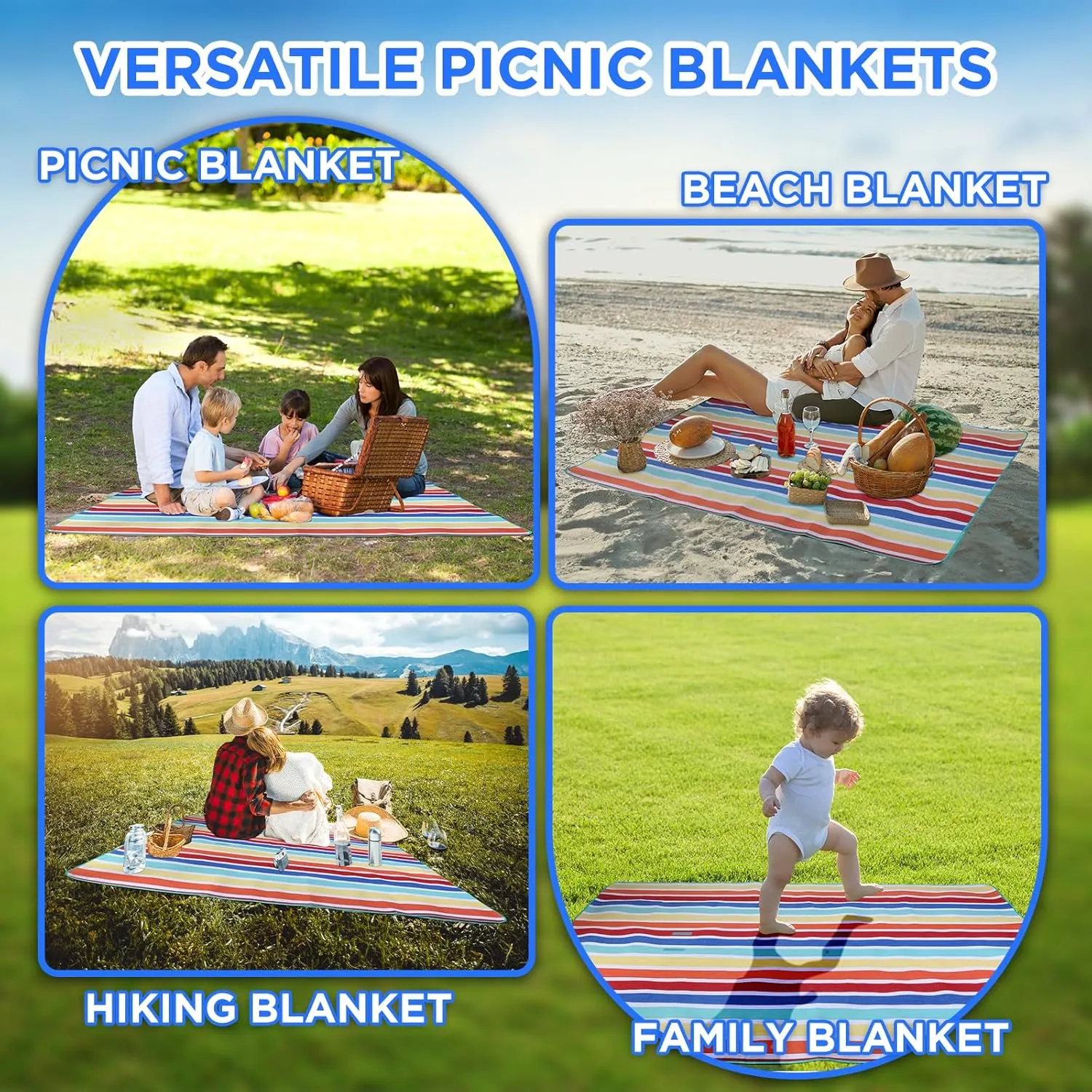 scuddles Picnic Blanket Extra Large 60 X 80, 3 Layers Outdoor Blanket, Water-Resistant Handy Mat Tote Spring Summer Blanket for The Beach