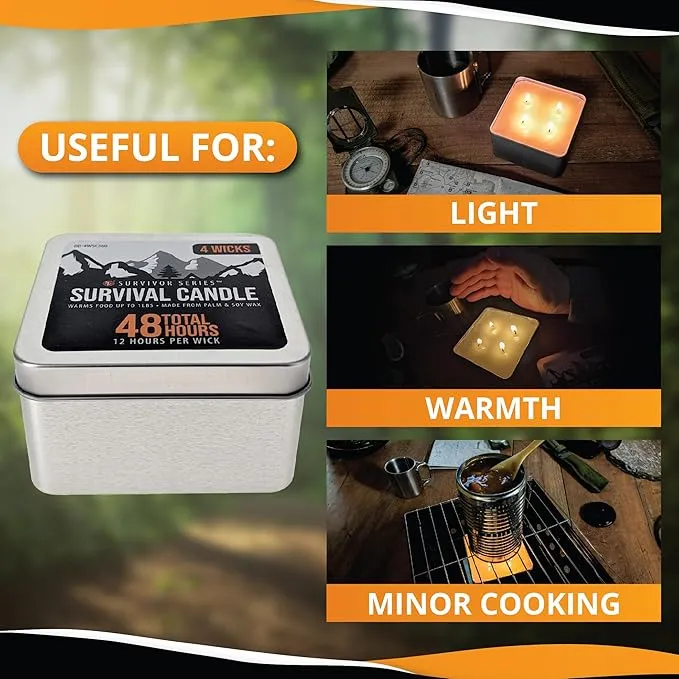 SE 4 Wicks Survival Candle in Tin Box,48 Total Hours/12 Hours Per Wick and Food Warmer