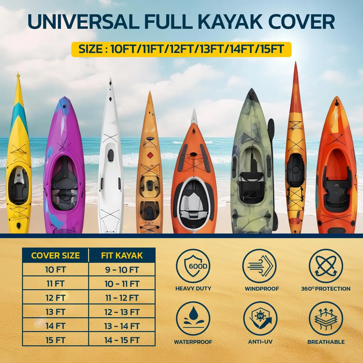 Seal Skin Covers Heavy-Duty Kayak Cover, Waterproof & Dustproof Outdoor Storage Cover for Kayak, Canoe, Paddle Board & SUP, Snug Fit (Fits Up to 10.8')
