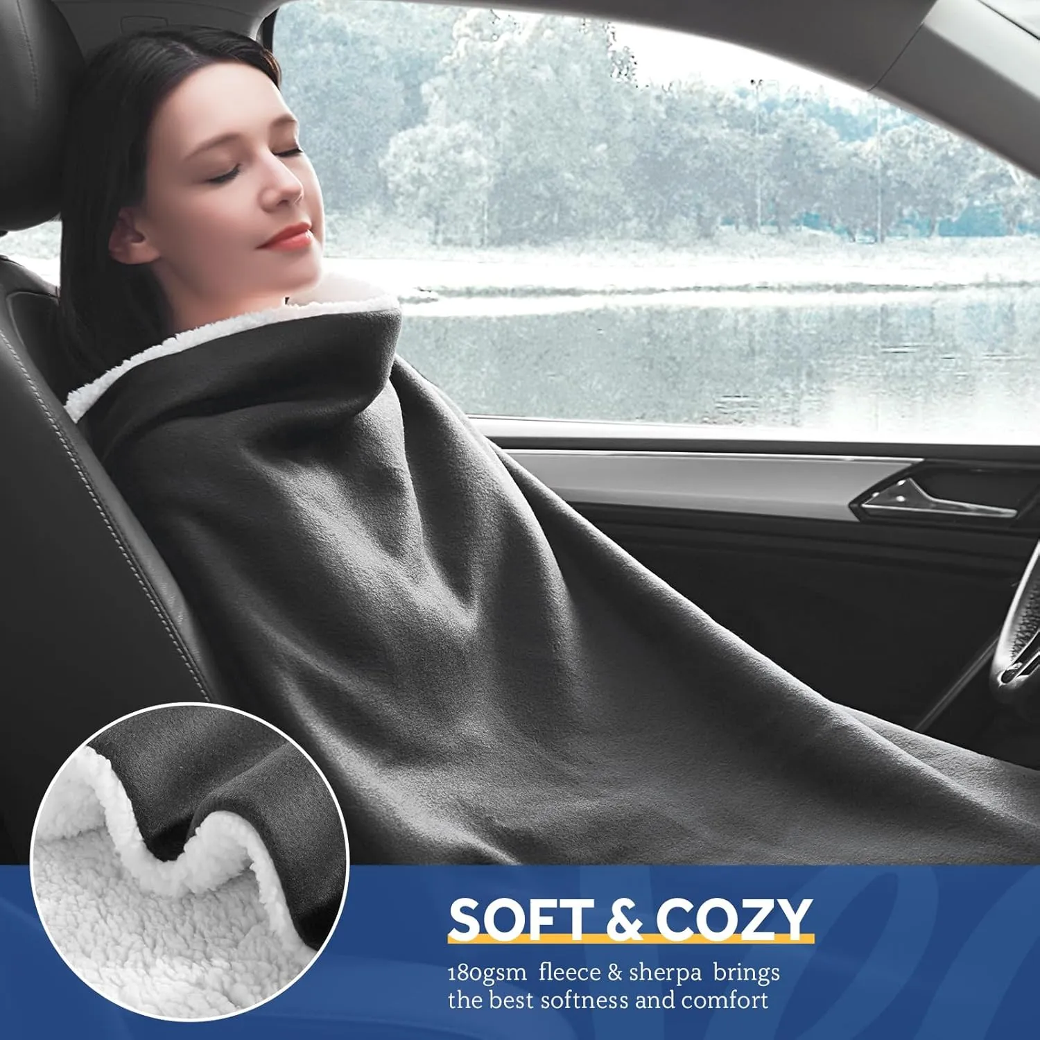 Sealy 12-Volt Heated Car Blanket, Portable Electric Blanket with 3 Heating Levels & 4 Hours Auto Off for Car, Truck, SUV, RV or Camping, Machine Washable, 59" X 43", Charcoal