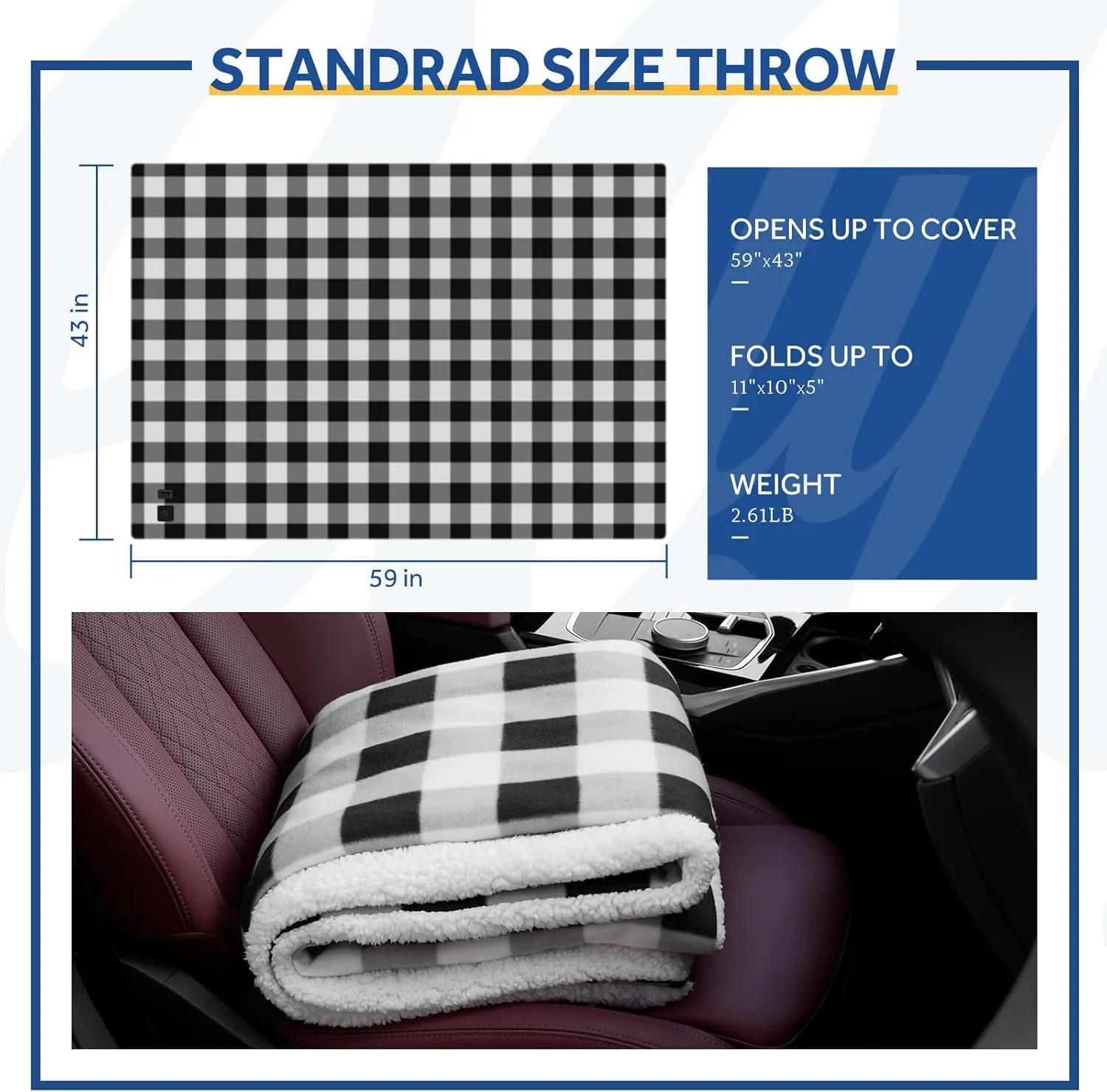 Sealy 12-Volt Heated Car Blanket, Portable Electric Blanket with 3 Heating Levels & 4 Hours Auto Off for Car, Truck, SUV, RV or Camping, Machine Washable, 59" X 43", Plaid