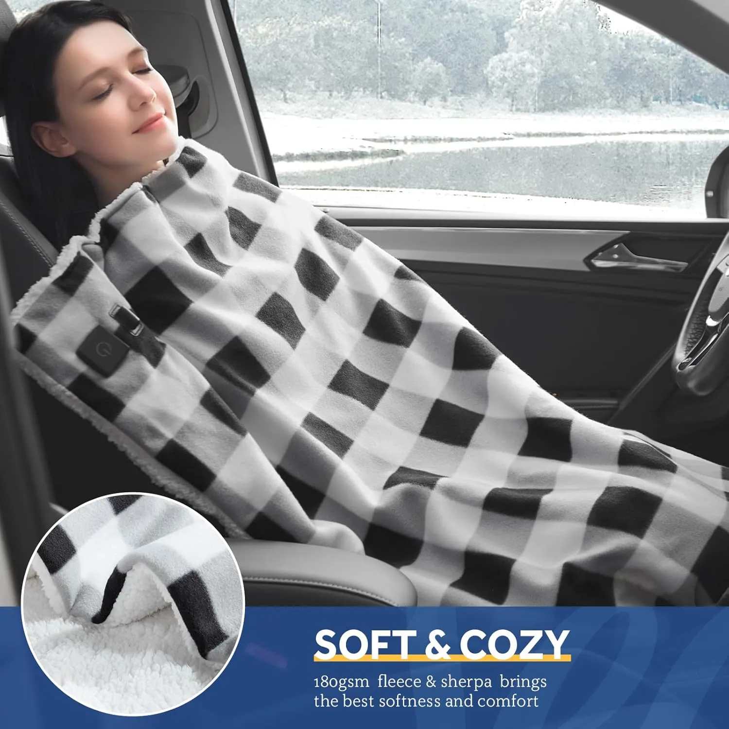 Sealy 12-Volt Heated Car Blanket, Portable Electric Blanket with 3 Heating Levels & 4 Hours Auto Off for Car, Truck, SUV, RV or Camping, Machine Washable, 59" X 43", Plaid
