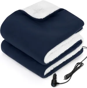 Sealy 12-Volt Heated Car Blanket with 2 USB Output Ports, 3 Heating Levels & 4 Hours Auto Off, Electric Blanket for Car, Truck, SUV, RV or Camping, Machine Washable, 59" X 43", Navy