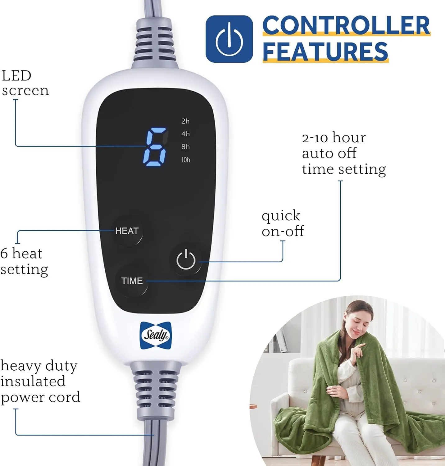 Sealy Electric Blanket Heated Throw, Soft Flannel Heating Blanket with 6 Heat Settings & 2-10 Hours Auto Shut Off, Fast Heating & Machine Washable, 50x60 Inch, Green