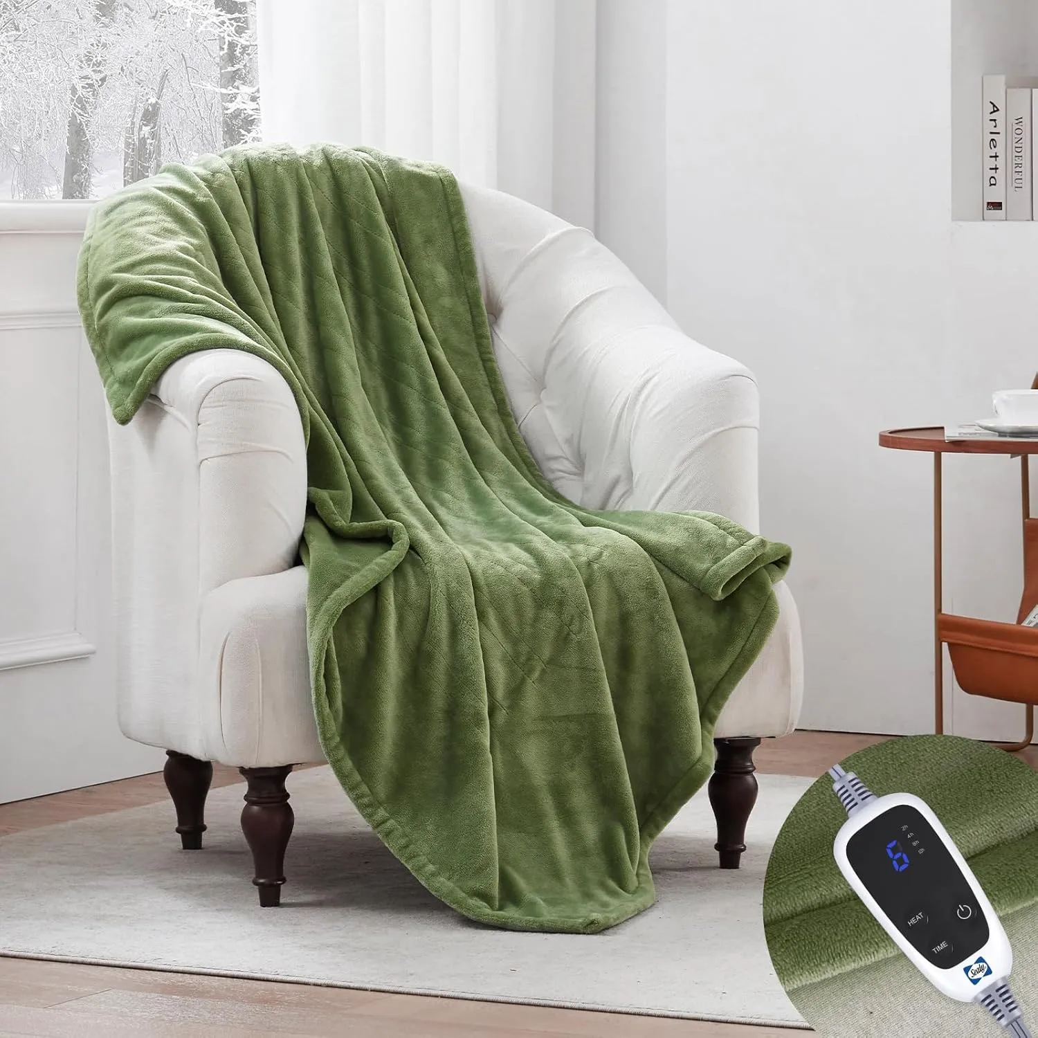 Sealy Electric Blanket Heated Throw, Soft Flannel Heating Blanket with 6 Heat Settings & 2-10 Hours Auto Shut Off, Fast Heating & Machine Washable, 50x60 Inch, Green