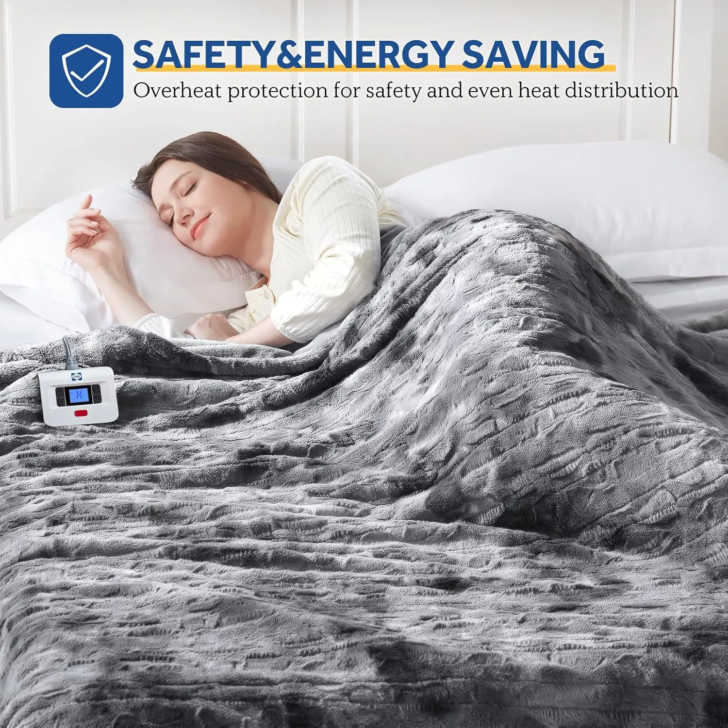 Sealy Electric Blanket Queen Size, Faux Fur & Flannel Heated Blanket with 10 Heat Setting & 1-12 Hour Auto Shut Off, Fast Heating Blanket, Machine Washable, Grey, 84 x 90 Inch
