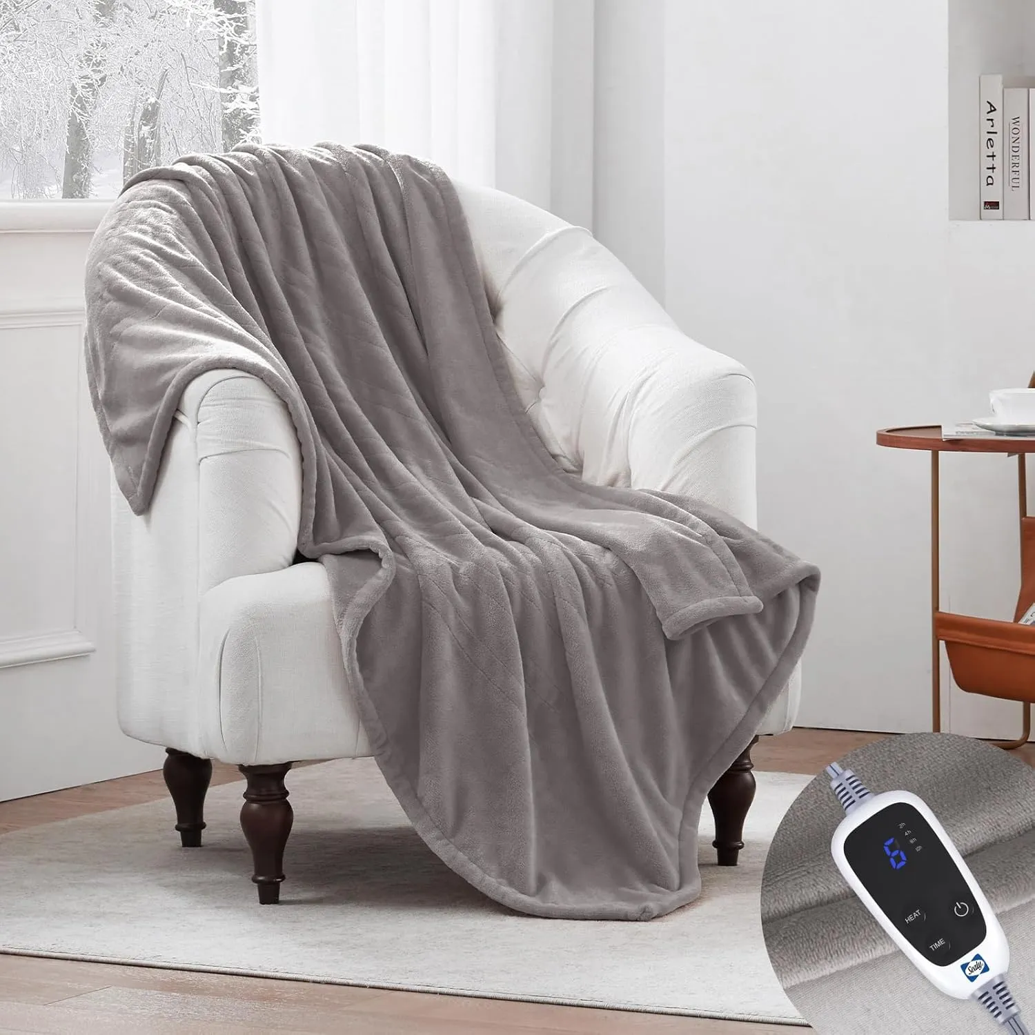 Sealy Electric Blanket Throw, Flannel Heated Blanket with 6 Heat Settings & 2-10 Hours Auto Shut Off, Fast Heating & Machine Washable for Home Office Use, 50x60 Inch, Light Grey