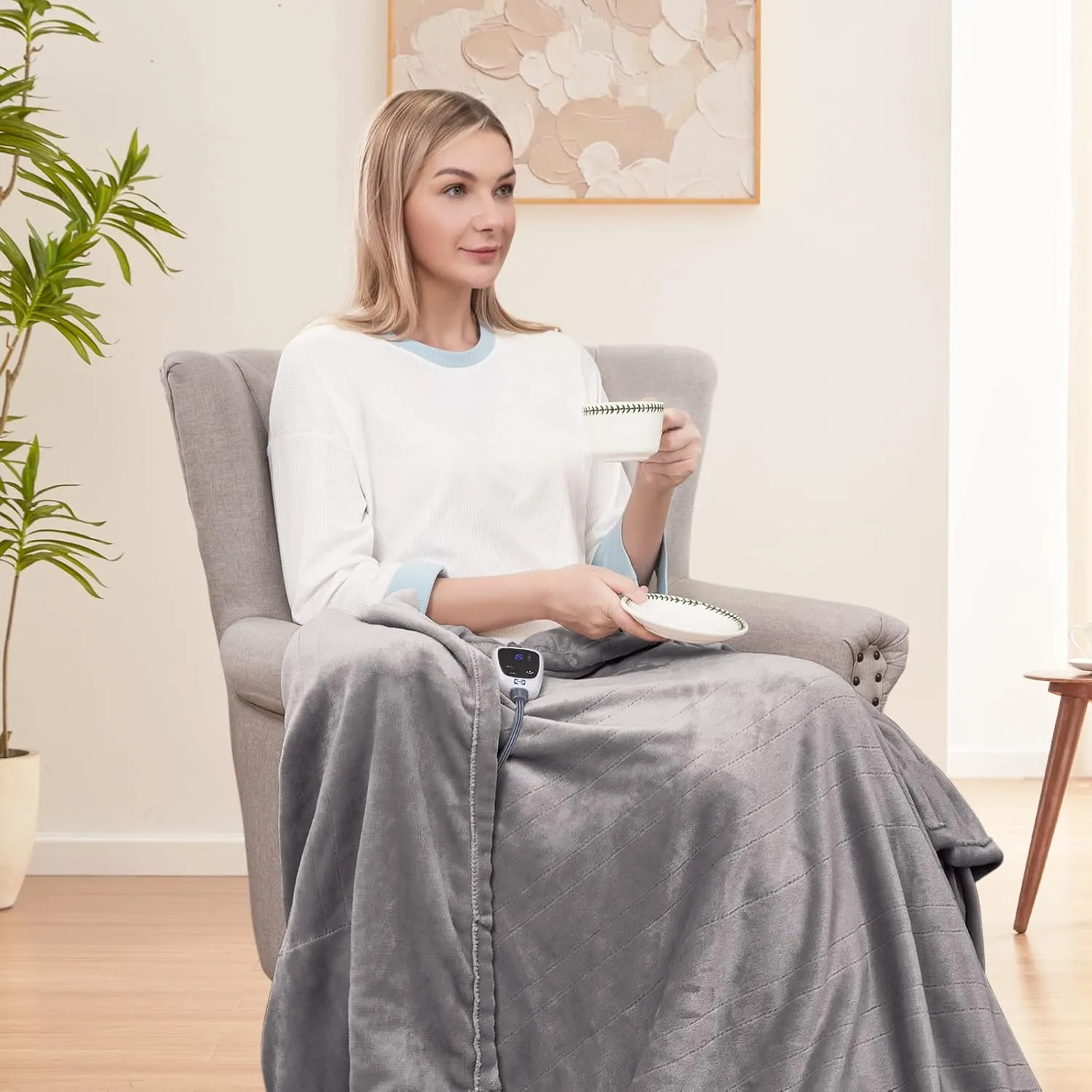 Sealy Electric Blanket Throw, Flannel Heated Blanket with 6 Heat Settings & 2-10 Hours Auto Shut Off, Fast Heating & Machine Washable for Home Office Use, 50x60 Inch, Light Grey