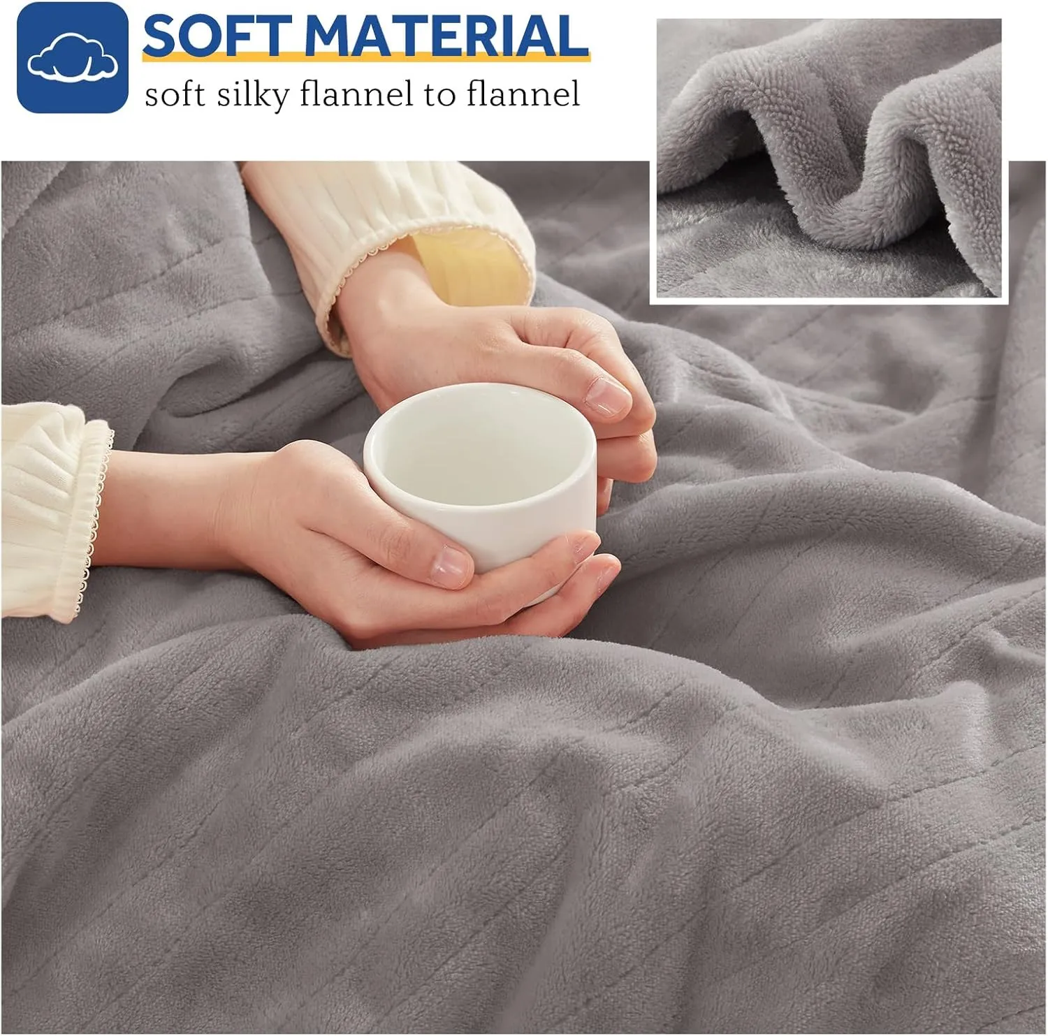 Sealy Electric Blanket Throw, Flannel Heated Blanket with 6 Heat Settings & 2-10 Hours Auto Shut Off, Fast Heating & Machine Washable for Home Office Use, 50x60 Inch, Light Grey