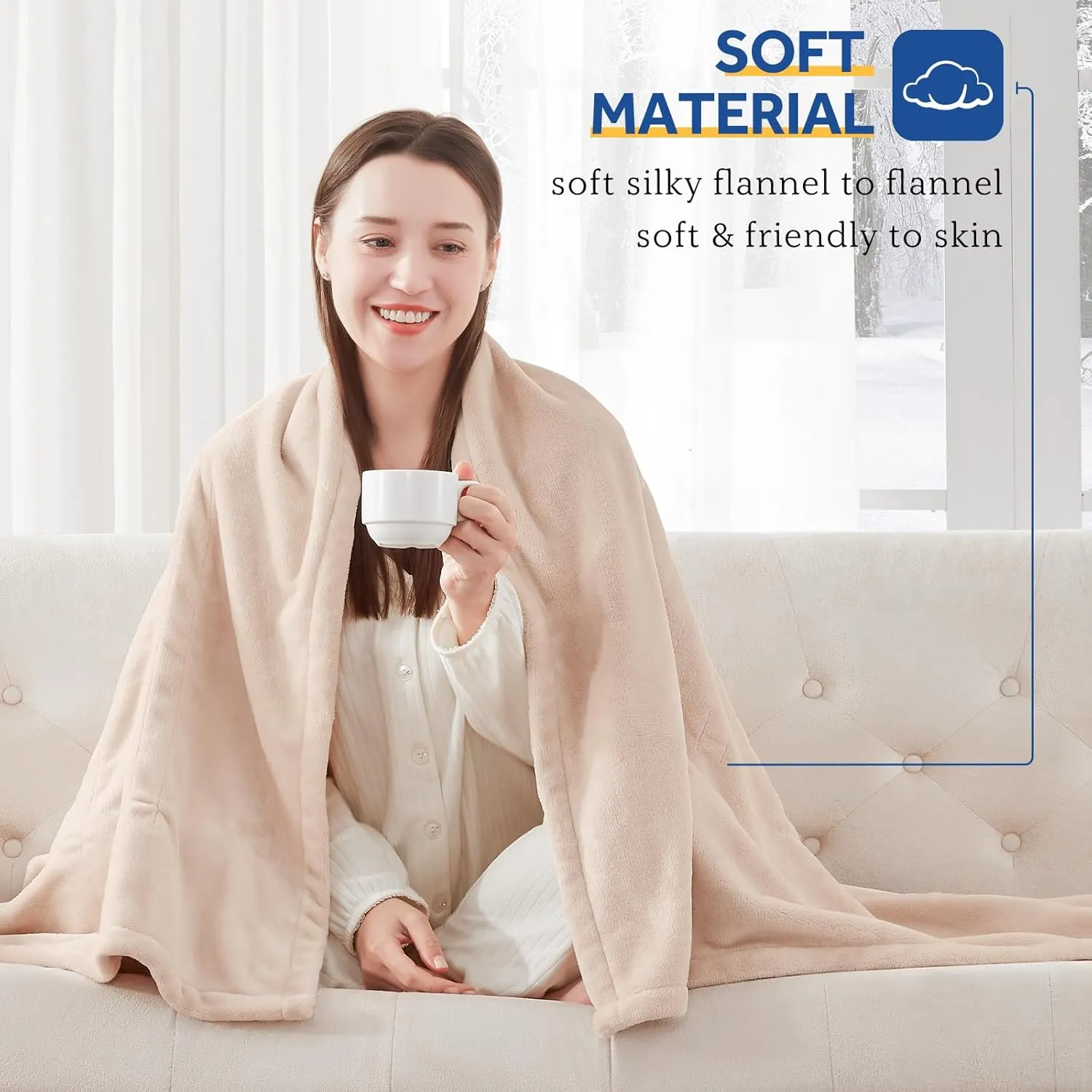 Sealy Electric Blanket Twin Size, Flannel Heated Blanket with 10 Heating Levels & 1-12 Hours Auto Shut Off, Fast Heating Warm Blanket, Machine Washable, Beige, 62 x 84 Inch