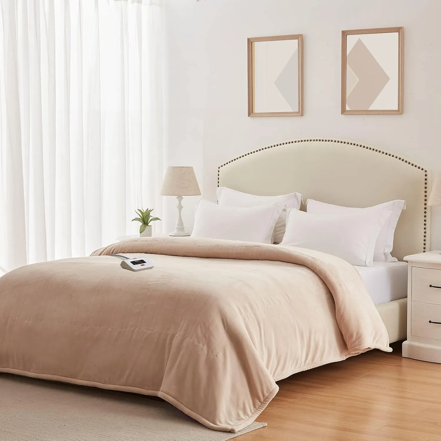 Sealy Electric Blanket Twin Size, Flannel Heated Blanket with 10 Heating Levels & 1-12 Hours Auto Shut Off, Fast Heating Warm Blanket, Machine Washable, Beige, 62 x 84 Inch