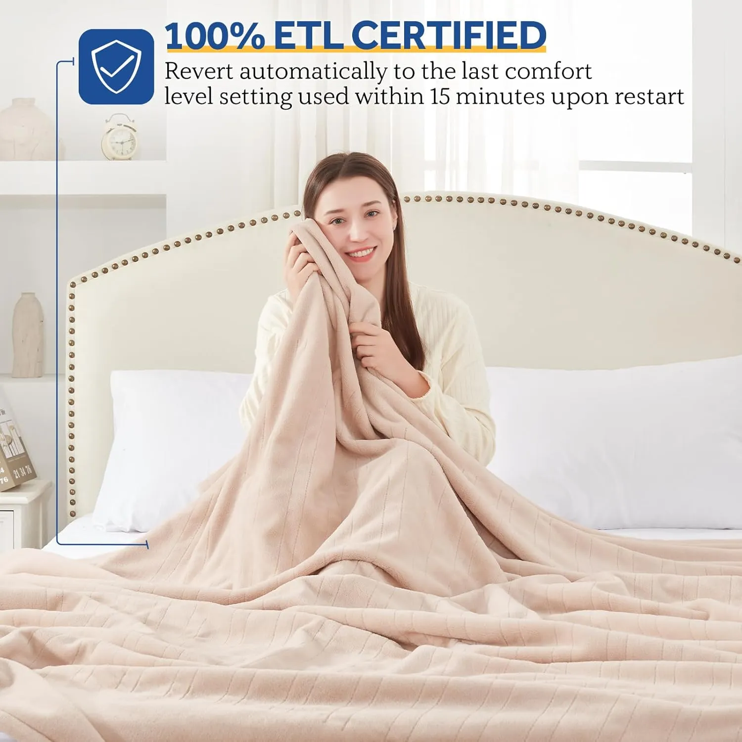 Sealy Electric Blanket Twin Size, Flannel Heated Blanket with 10 Heating Levels & 1-12 Hours Auto Shut Off, Fast Heating Warm Blanket, Machine Washable, Beige, 62 x 84 Inch