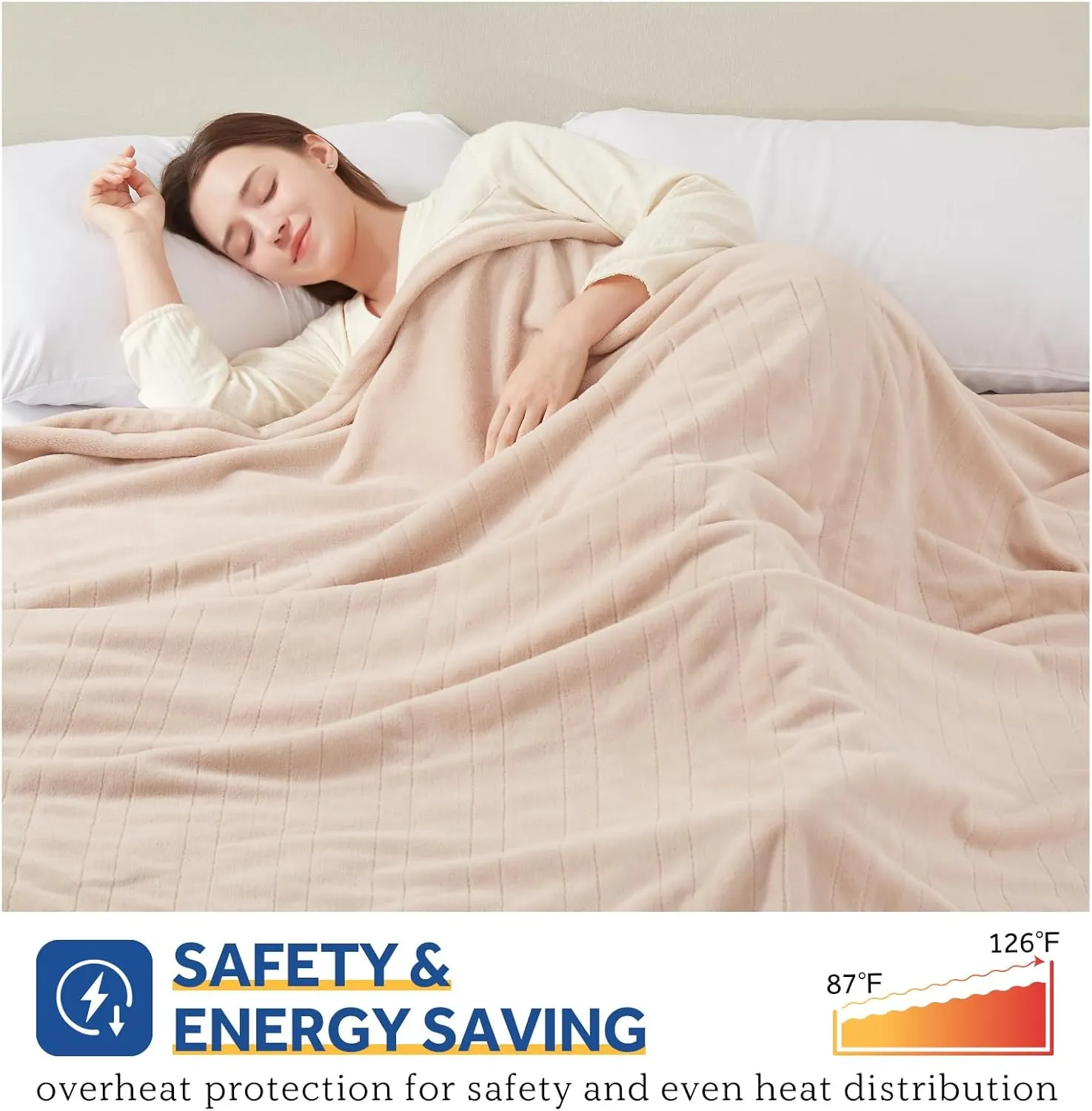 Sealy Electric Blanket Twin Size, Flannel Heated Blanket with 10 Heating Levels & 1-12 Hours Auto Shut Off, Fast Heating Warm Blanket, Machine Washable, Beige, 62 x 84 Inch