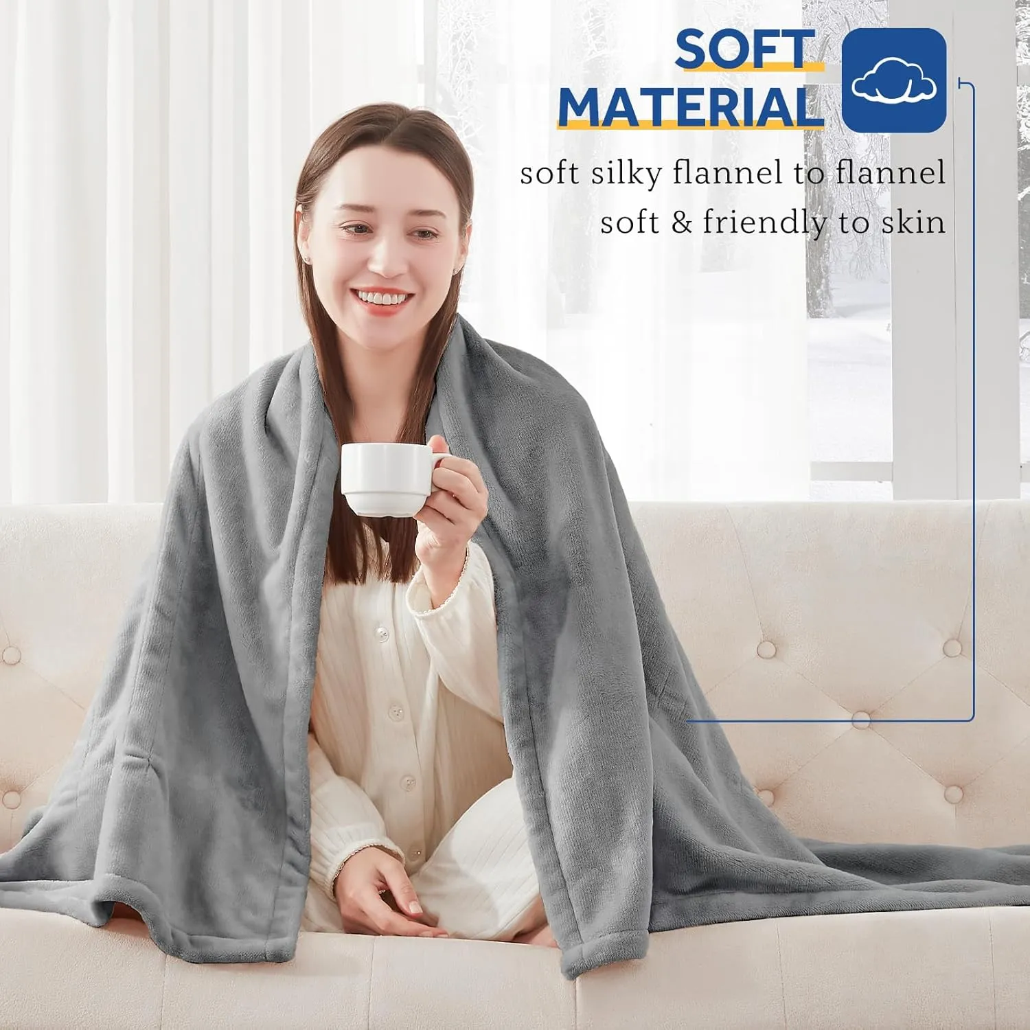 Sealy Electric Blanket Twin Size, Flannel Heated Blanket with 10 Heating Levels & 1-12 Hours Auto Shut Off, Machine Washable, Light Grey, 62 x 84 Inch