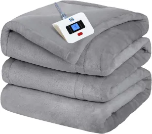 Sealy Electric Blanket Twin Size, Flannel Heated Blanket with 10 Heating Levels & 1-12 Hours Auto Shut Off, Machine Washable, Light Grey, 62 x 84 Inch
