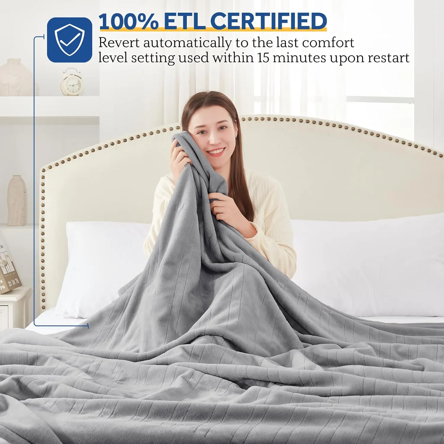 Sealy Electric Blanket Twin Size, Flannel Heated Blanket with 10 Heating Levels & 1-12 Hours Auto Shut Off, Machine Washable, Light Grey, 62 x 84 Inch