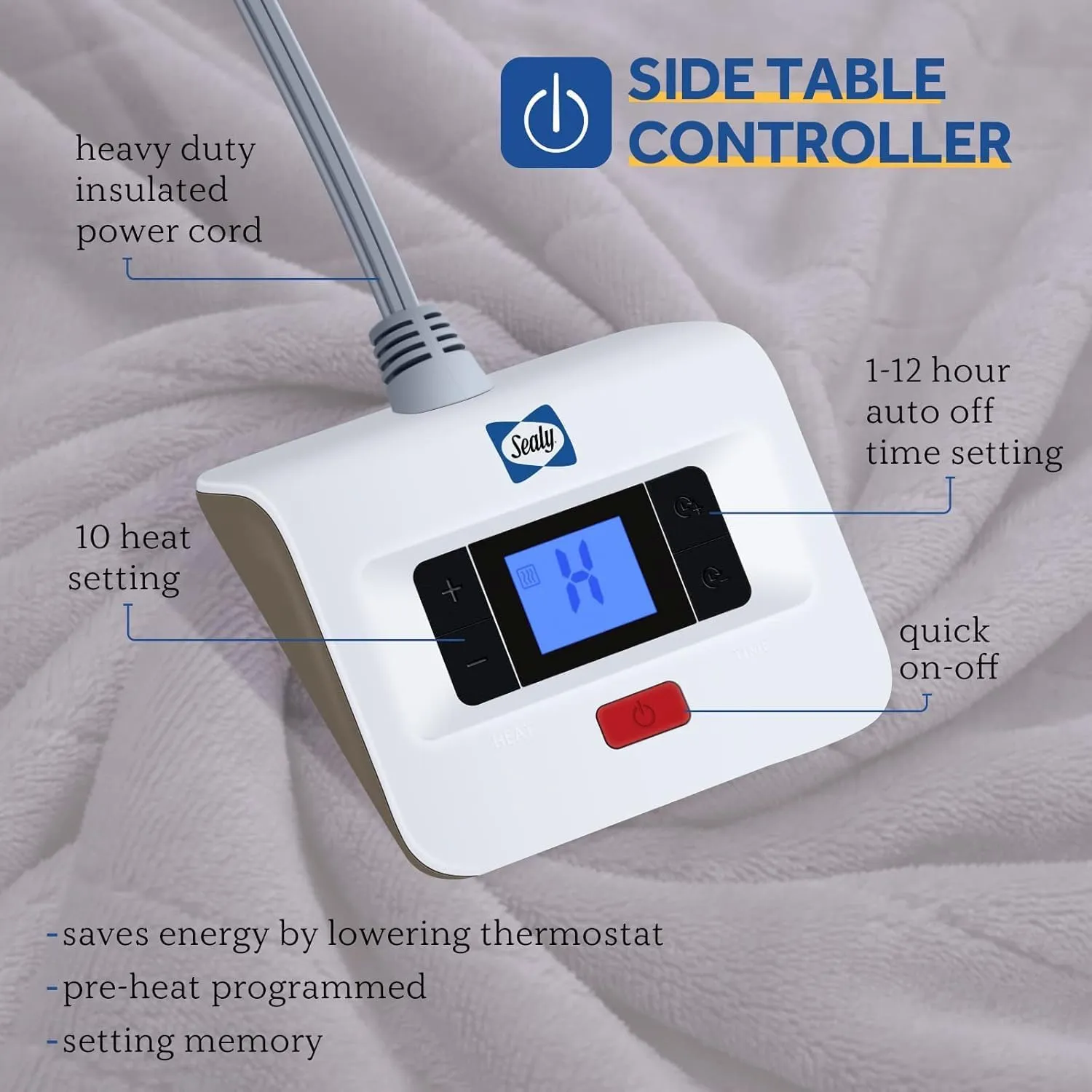 Sealy Electric Blanket Twin Size, Flannel Heated Blanket with 10 Heating Levels & 1-12 Hours Auto Shut Off, Machine Washable, Light Grey, 62 x 84 Inch